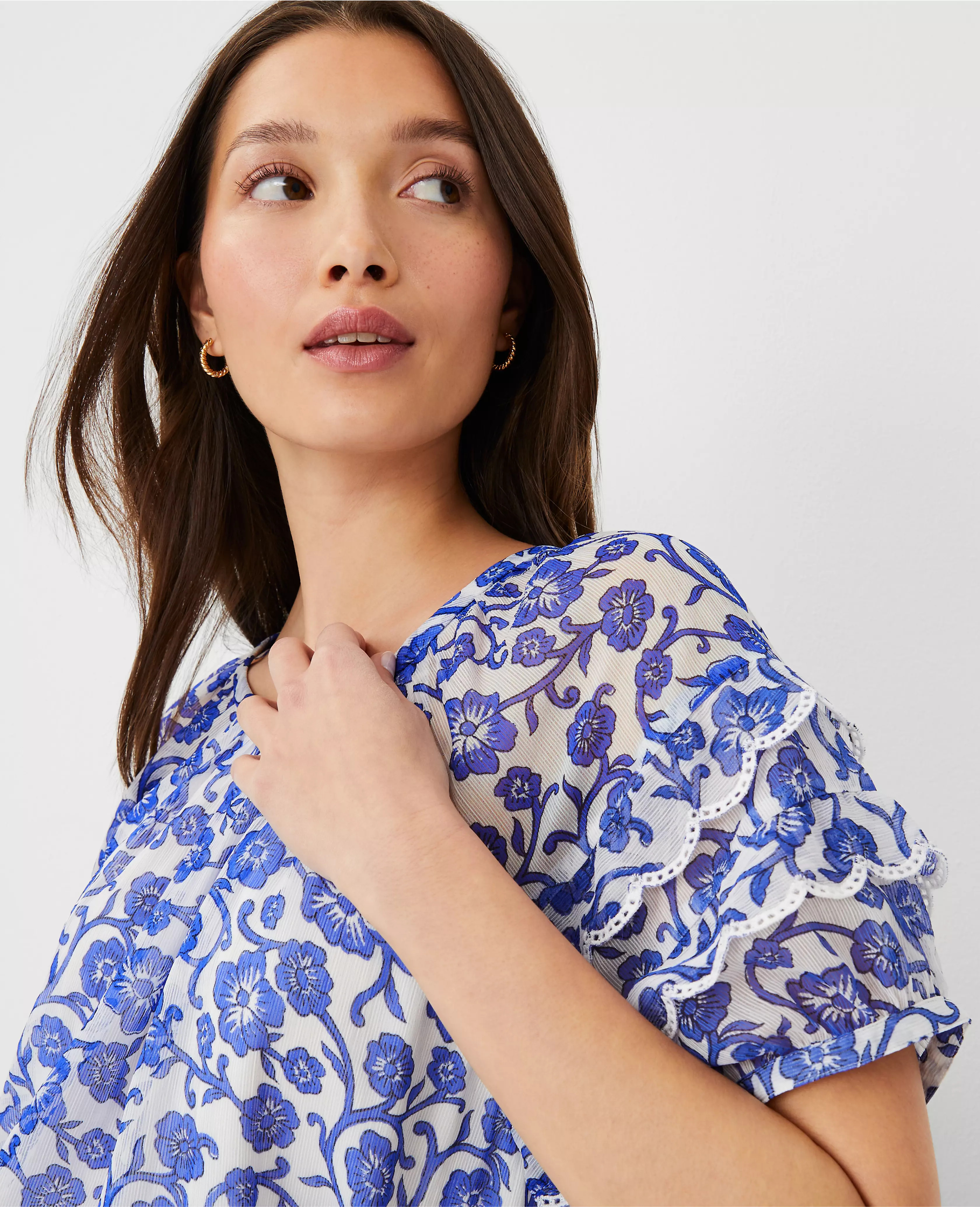 Floral Embroidered Ruffle Puff Sleeve Top | Ann Taylor (US)
