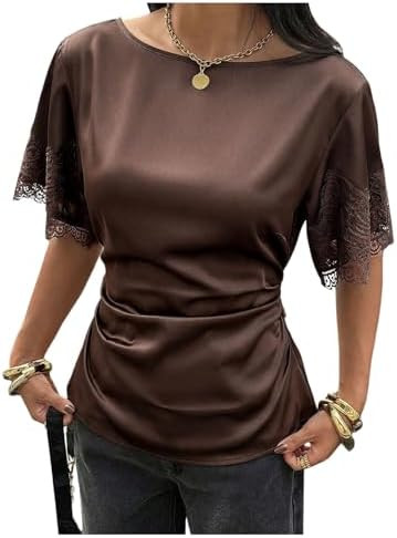 Milumia Women's Satin Lace Blouse Cinched Waist Tie Back Dressy Shirt Tops | Elegant Tops, Work O... | Amazon (US)