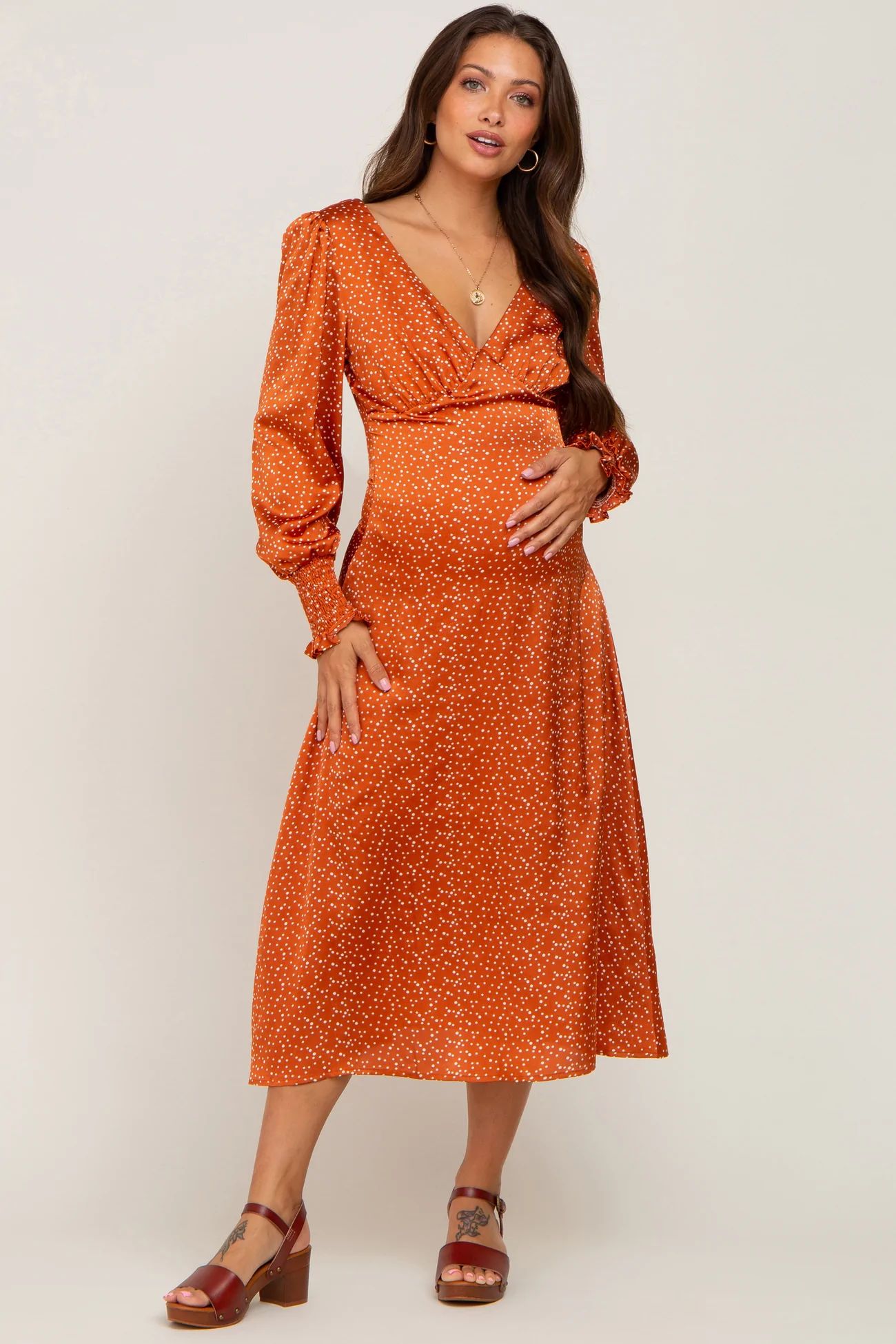Rust Polka Dot V-Neck Satin Maternity Midi Dress | PinkBlush Maternity