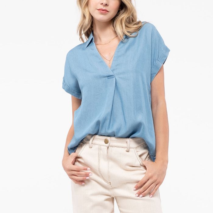Mine Fashion Women's Collared Chambray Top | Target
