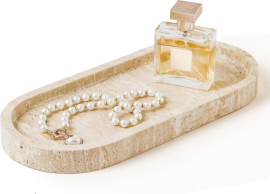 WORHE Stone Tray Natural Travertine Stone Vanity Tray for Jewelry Candles Perfume 11.8" x 5" Marb... | Amazon (US)
