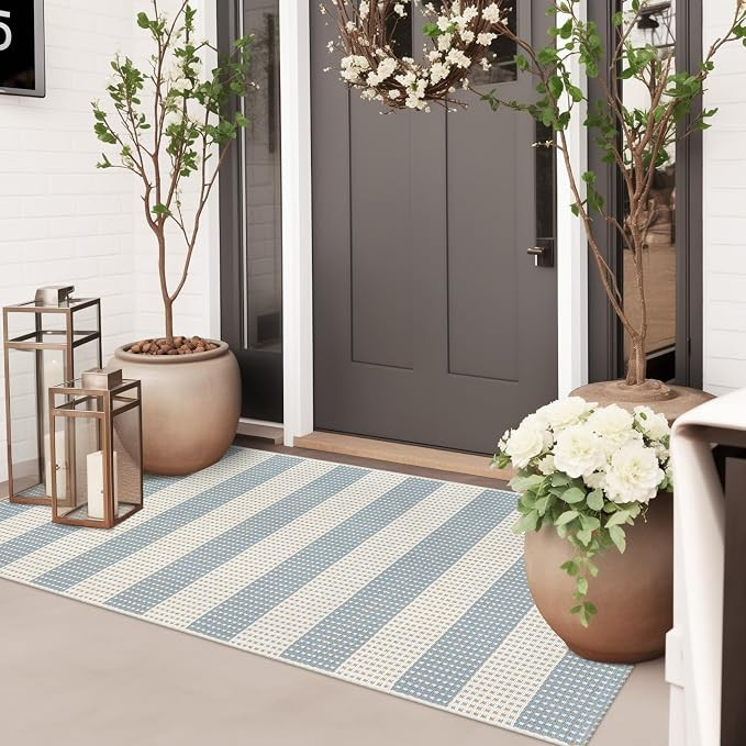 Blue Striped Front Door Mat Outside Entrance 2'x4.3' Outdoor Rug | Boho Farmhouse Cotton Woven Wa... | Amazon (US)