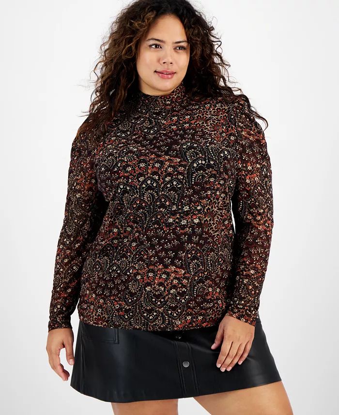 Plus Size Printed Puff-Sleeve Mesh Turtleneck, Created for Macy's | Macy's