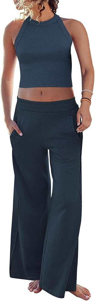 Ugerlov Women's Two Piece Summer Sets Ribbed Tank Crop Top Wide Leg Pants 2 Piece Outfits Matchin... | Amazon (US)