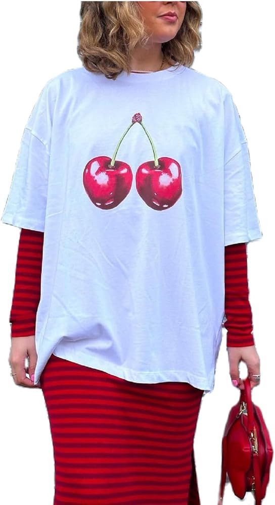 Women Oversized Graphic Tshirt Cute Fruit Print Crew Neck Loose Baby Tee Y2k Floral Summer Aesthe... | Amazon (US)