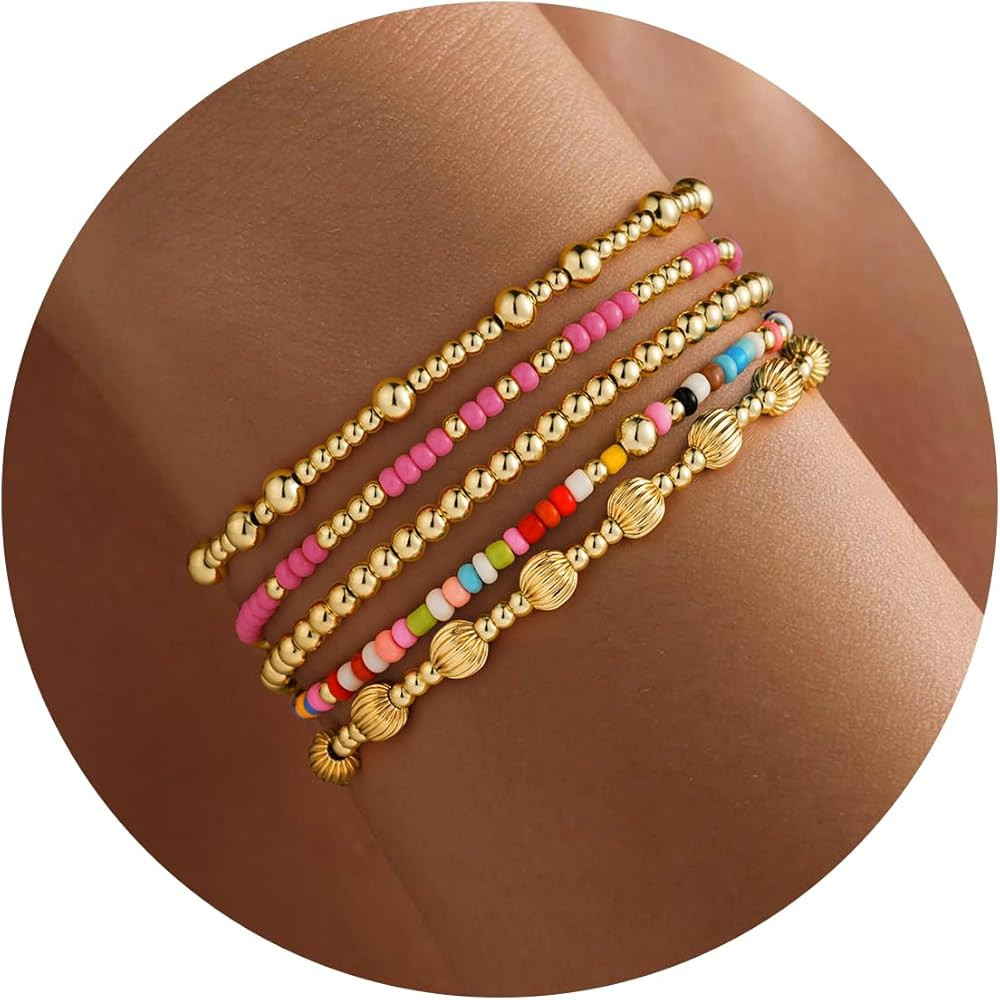 Turandoss Gold Beaded Bracelets Set for Women Girls Christmas Gifts - Dainty 14K Gold Plated Turq... | Amazon (US)