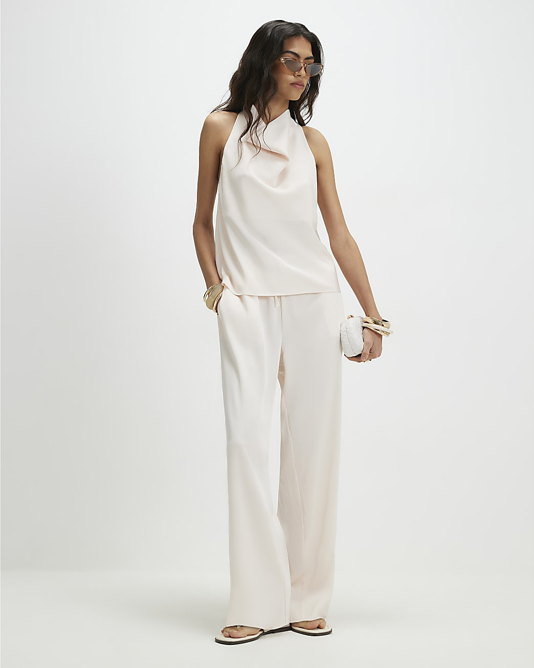 Cream Satin Halter Neck Top | River Island UK & IE