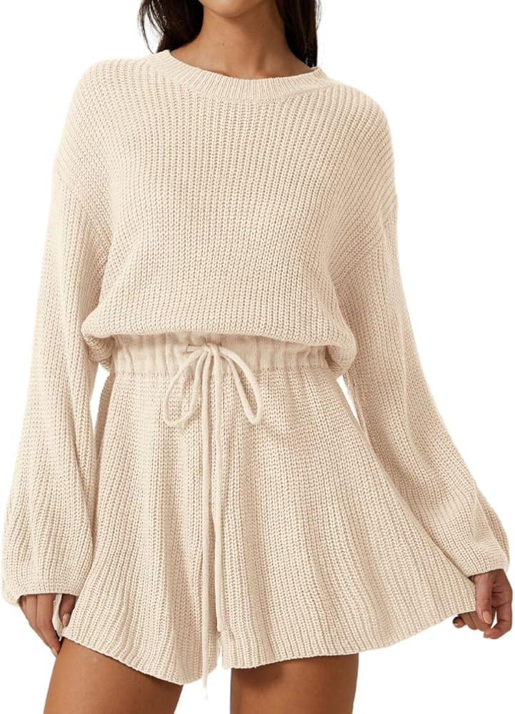 Meyeeka Knit Romper for Women Long Sleeve Wide Leg Sweater Casual Loose Drawstring Short Jumpsuit | Amazon (US)