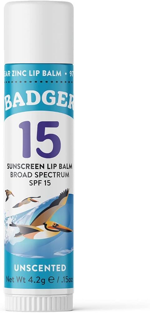 Badger Sunscreen Lip Balm SPF 15, Organic Mineral Sunscreen SPF Lip Balm with Zinc Oxide, Reef Friendly, Broad Spectrum, Water Resistant, Unscented, 15 oz | Amazon (US)