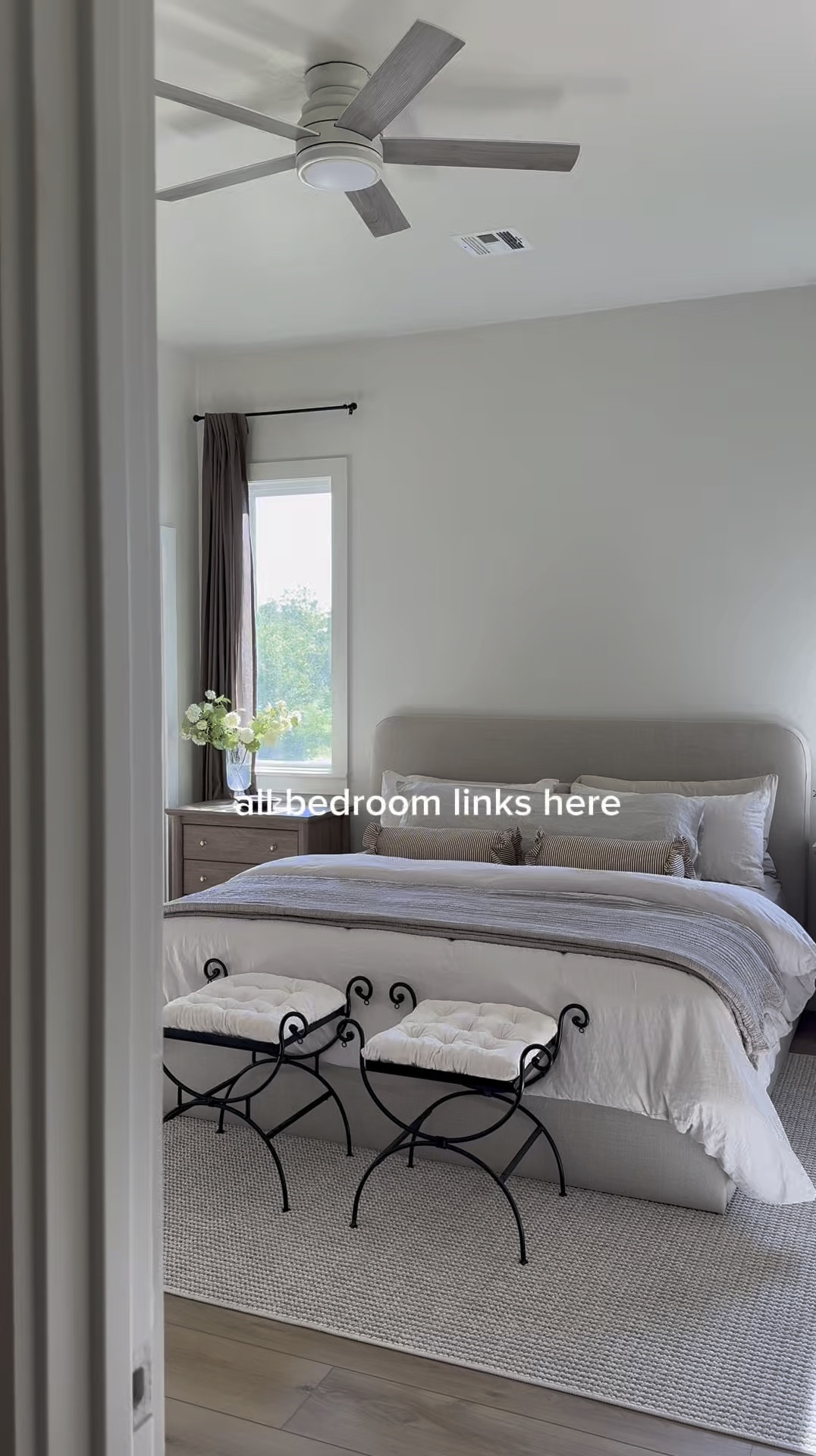 This is my favorite bedroom! I found these affordable partially sheer pleated curtains on Amazon. Linen curved bed frame. Soft neutral and textured rug. Affordable ceiling fan that’s not ugly! I got these stools on marketplace and repurposed them but I linked my inspo stools. The nightstand dressers are so affordable. I swapped the hardware out with polished brass knobs from Amazon for a more elevated look! 

#LTKHome #LTKSeasonal