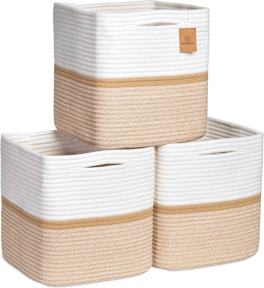 NaturalCozy Storage Cubes 11 Inch Cotton Rope Woven Baskets for Organizing, 3-Pack | Cube Storage... | Amazon (US)