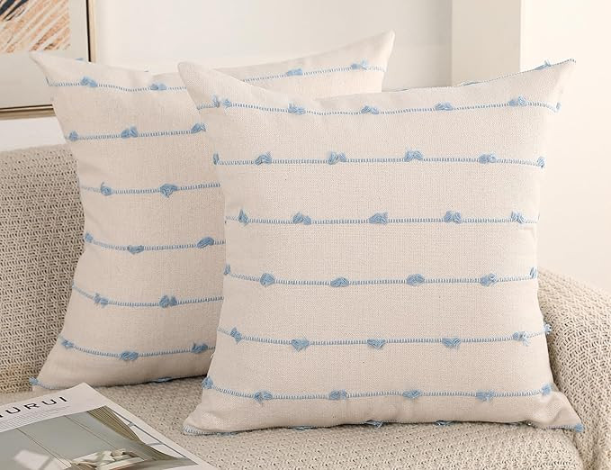Set of 2 Boho Throw Pillow Covers 18x18,Light Blue and White Neutral Couch Pillow Case with Tasse... | Amazon (US)
