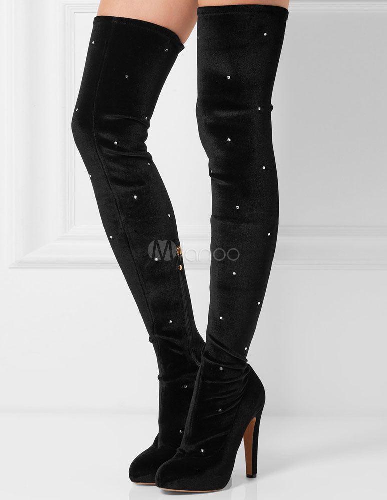 Black Elastic Boots Suede High Heel Thigh High Boots Women's Rhinestone Stretchy Zipper Over The Knee Boots | Milanoo