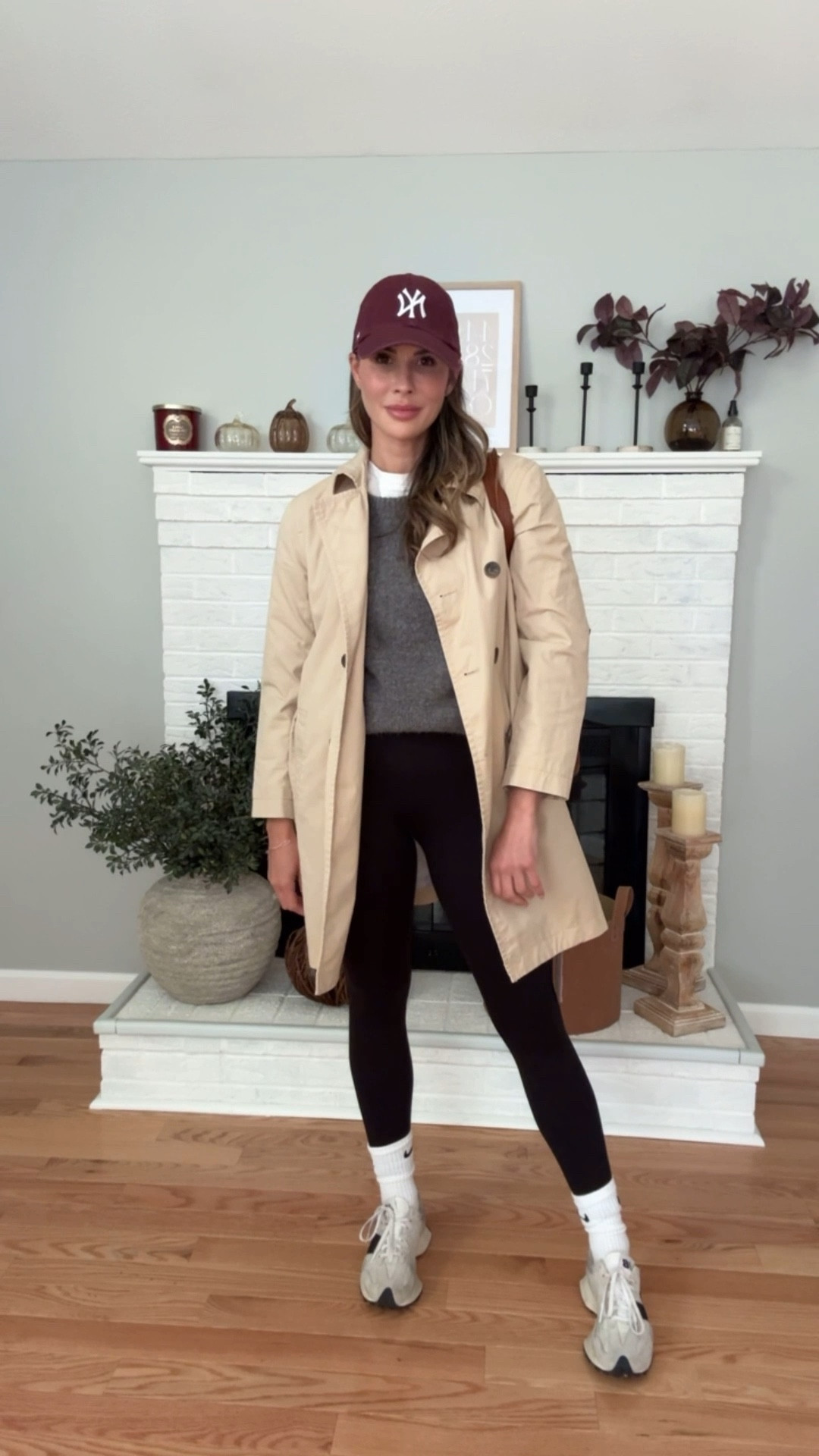 Soccer Mom OOTD
Weekend OOTD
Burgundy NY hat 
Trench coat 
Grey sweater 
Oversized white tee 
Leggings 
New balance 
Leather tote 