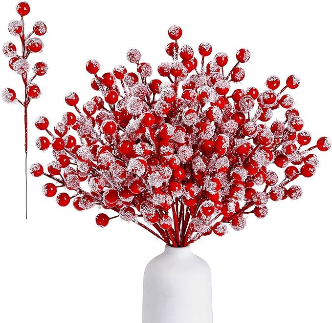 Sggvecsy 30 Pack Snow Frosted Artificial Red Berry Stems 8.9inch Snowy Christmas Red Spray Picks ... | Amazon (US)