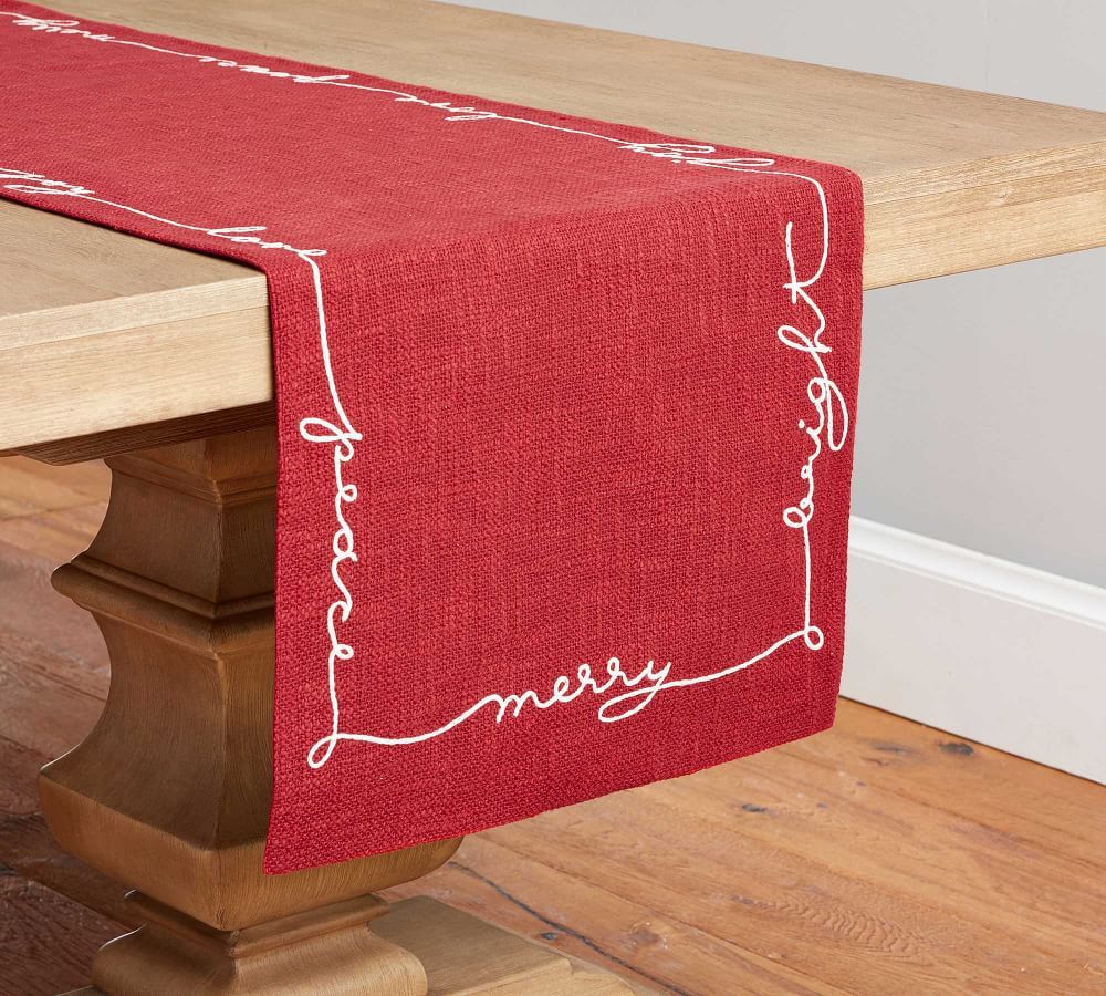 Merry, Bright, Joy Embroidered Cotton Table Runner | Pottery Barn (US)