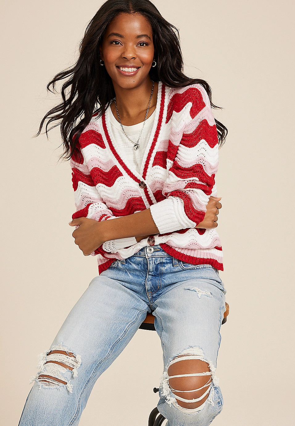 Wavy Striped Knit Cardigan | Maurices