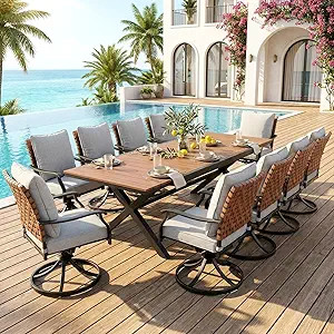 Grand patio 11-Piece Outdoor Dining Set, 10 Leather-Look Wicker Swivel Patio Chairs & 1 Extendabl... | Amazon (US)