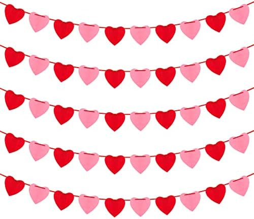 Felt Heart Garland for Valentines Day Decor - 50 PCS Pink & Red Hanging String Hearts - NO DIY - ... | Amazon (US)