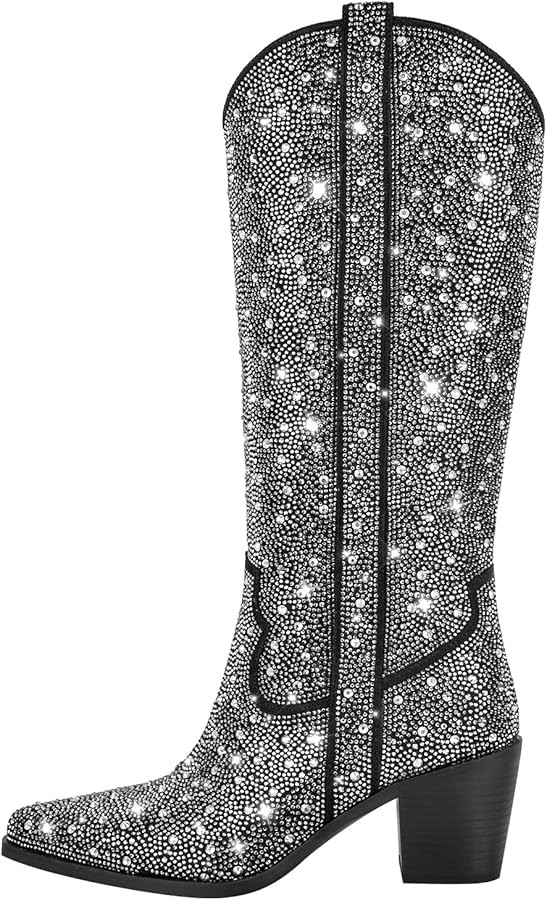 LISHAN Women's Western Cowboy Knee High Boots Rhinestone Diamond Studded Chunky Heel | Amazon (US)