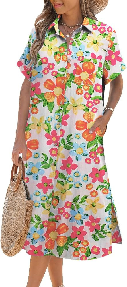 Zeagoo Womens Dress Summer Casual Short Sleeve Button Down Shirt Dress Beach Cover Up Dress with ... | Amazon (US)