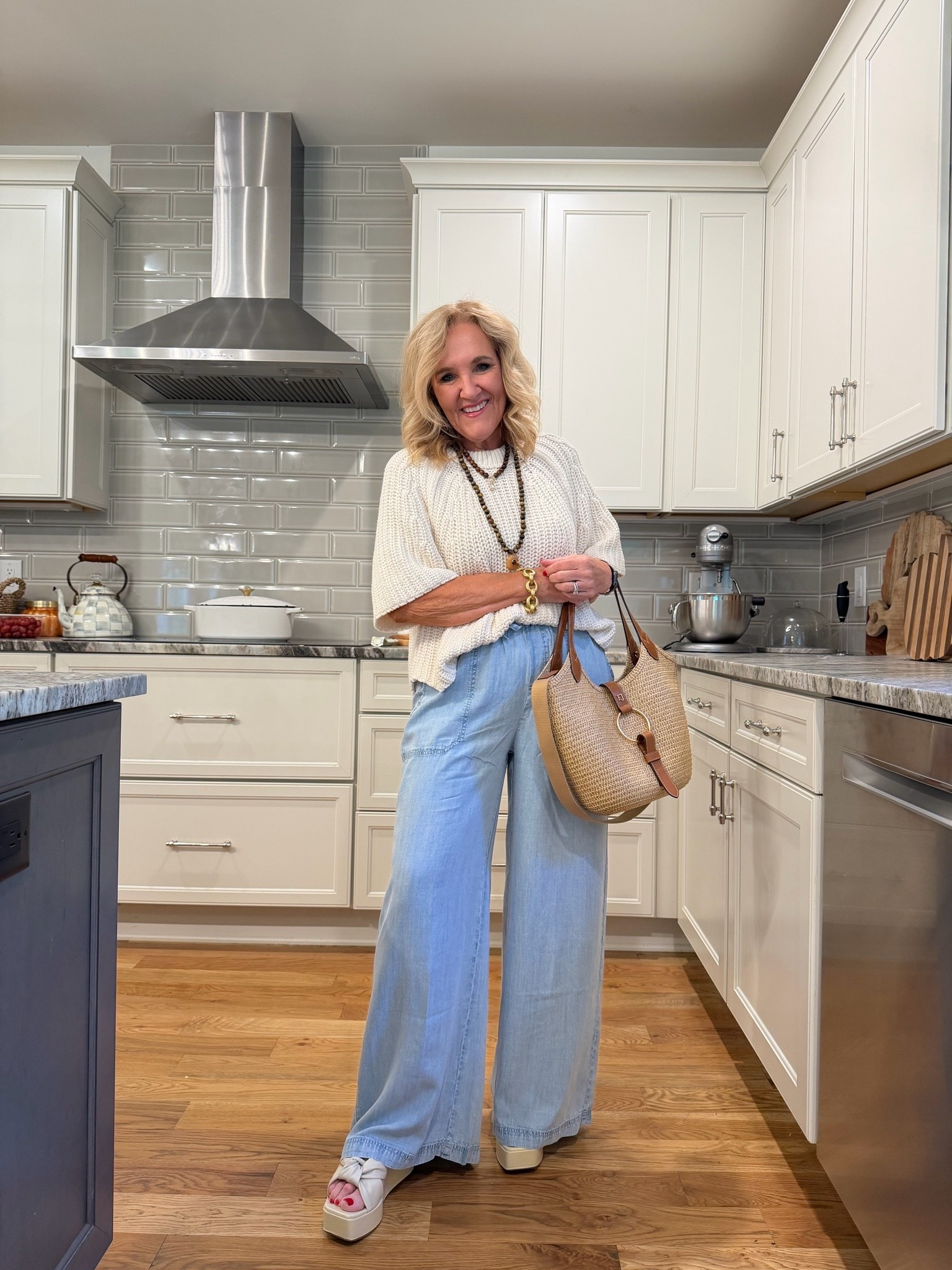 Sweater is on sale wearing a medium. I’m also linking a cardigan. That’s another version of the same brand and knit.
Pants are a beautiful Tencel chambray by splendid wearing a medium
The pants do come in a crop version that may be more petite friendly however, the wash is a little bit different
10% off my tote code NANETTE

#LTKOver40 #LTKootd #LTKPetite