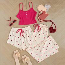WomenS Solid Color Cami Top With Heart Print Shorts And Pants Pajama Set pcs | SHEIN