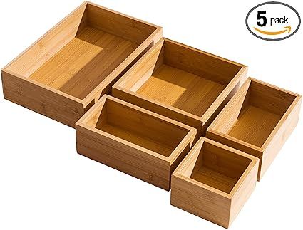FILWH 5 Piece Bamboo Drawer Organizer Set, Luxury Wooden Desk Storage Box Kit, Multi-use Junk Dra... | Amazon (US)