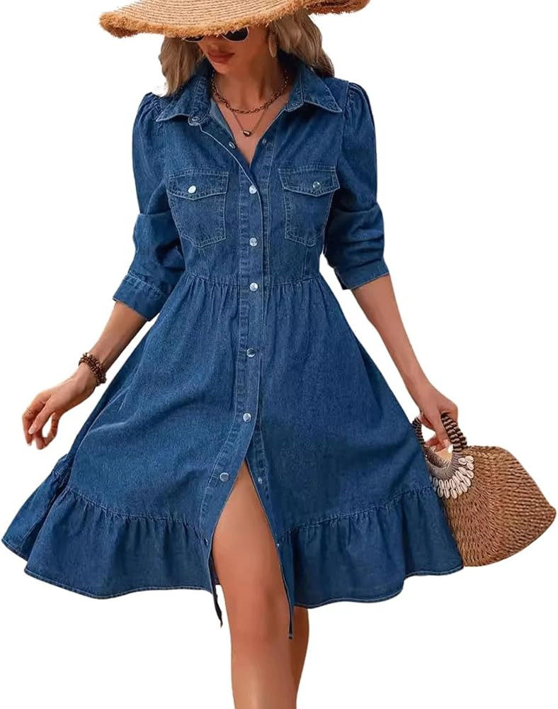 utcoco Women's Flowy Denim Dress 2025 Vacation Lapel Long Puff Sleeve Button Down A Line Swing Ru... | Amazon (US)