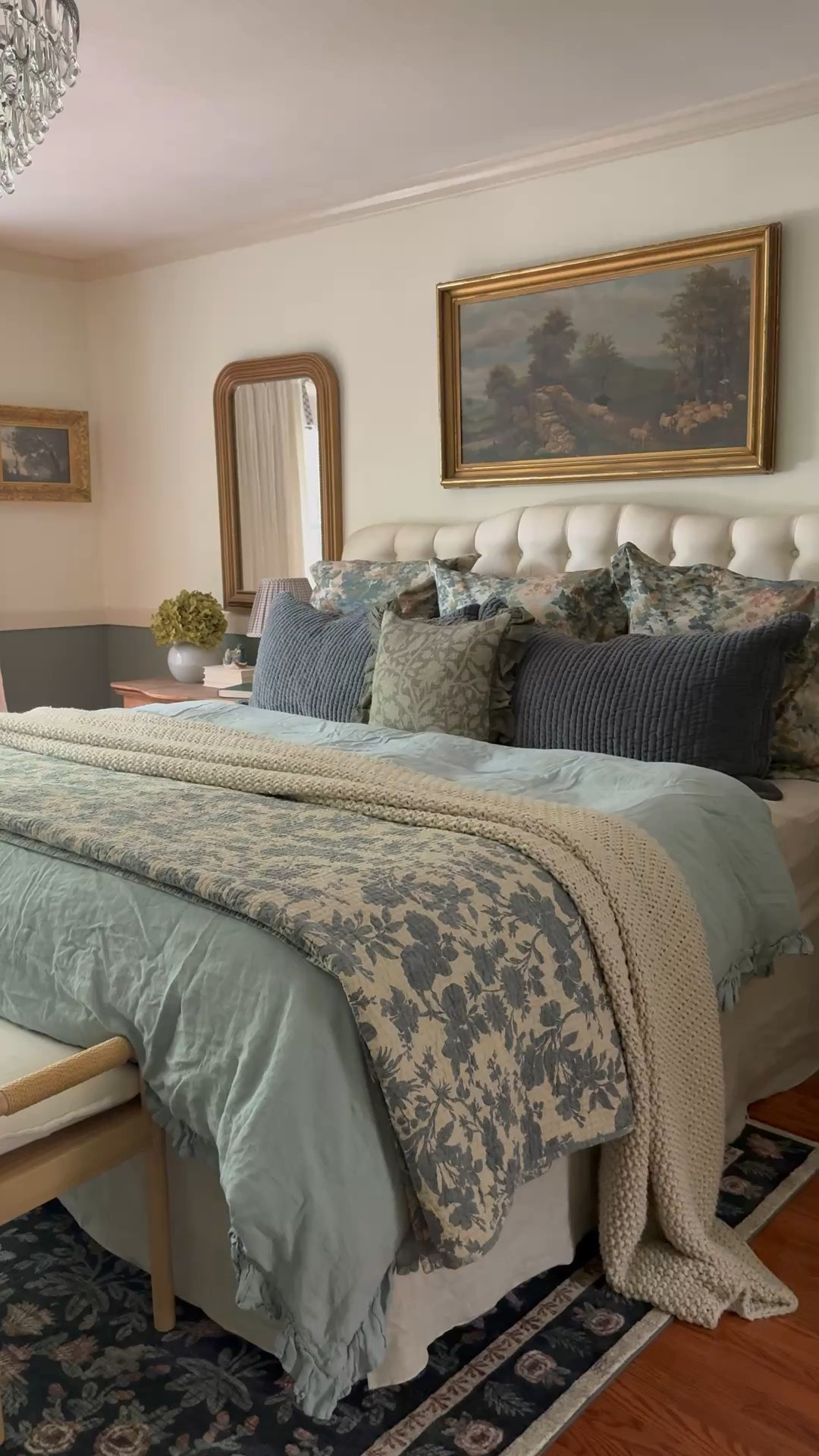 Layered bedding…. Ruffle linen duvet cover, linen bedskirt, reversible floral quilt, chunky knit throw blanket, arched gold mirror, custom triple pleat linen curtains, custom linen motorized shade, floral cloud pile rug, reversible velvet sham, pillow, green floral pillow, toile percale sham 

#LTKSaleAlert #LTKSeasonal #LTKHome
