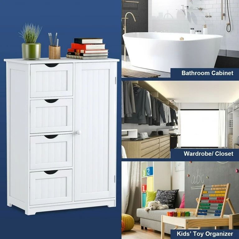 Costway Bathroom Storage Wooden 4 Drawer Cabinet Cupboard 2 Shelves Free Standing White | Walmart (US)