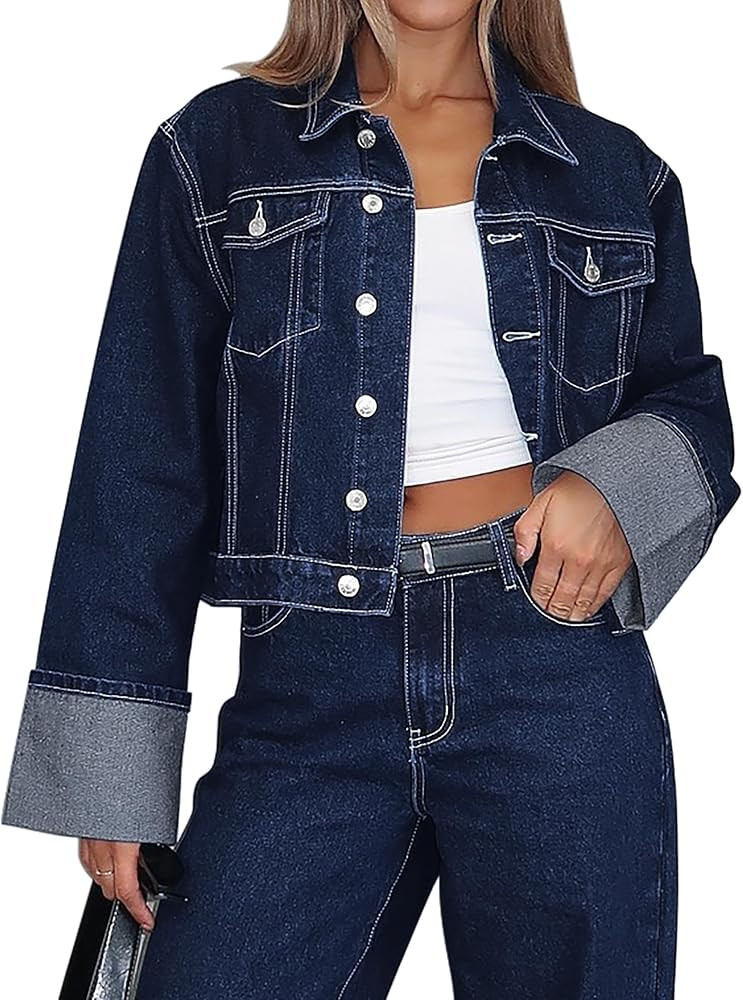 Denim Jacket for Women Button Down Crop Jean Jacket Women Casual Outerwear 2025 Trendy | Amazon (US)