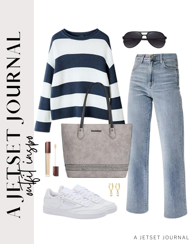 This combo of a striped navy blue long-sleeve knitted sweater and straight-leg jeans is our next outfit to style. A Montana West woven tote bag and Reebok vintage tennis sneakers match this fit. .

#LTKSeasonal #LTKSaleAlert #LTKTravel
 

 