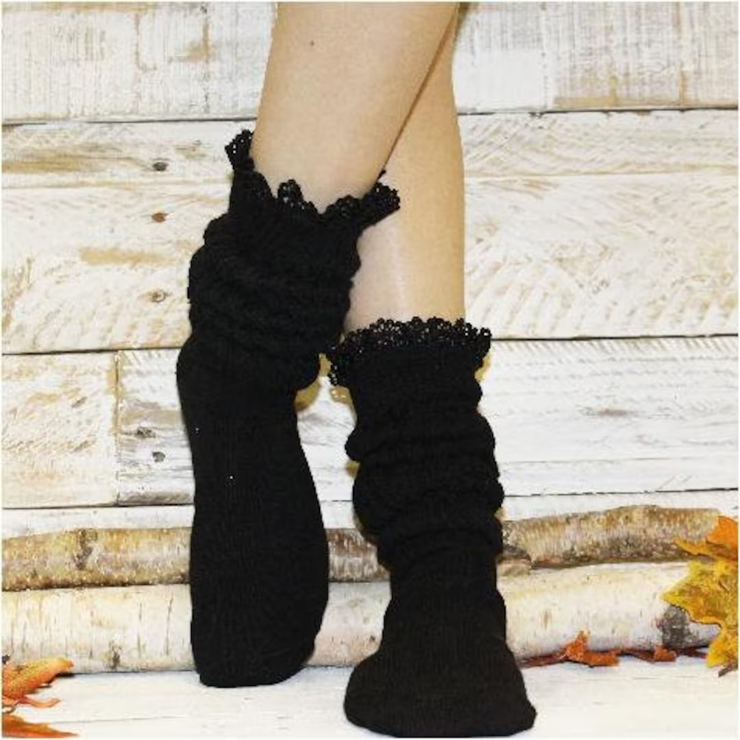 Super Thick Cotton BLACK Lace Slouch Socks for Women, Hooter's Style Scrunchy Socks With Lace, US... | Etsy (US)