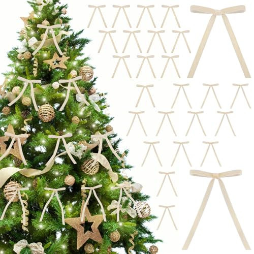 26 Pcs Velvet Bows for Christmas Tree,Christmas Wreath Bows, Christmas Velvet Bows Rustic Crafts Gift Bows Velvet Ribbon Bows for Xmas Home Decor Wedding Outdoor Indoor (Light Champagne) | Amazon (US)
