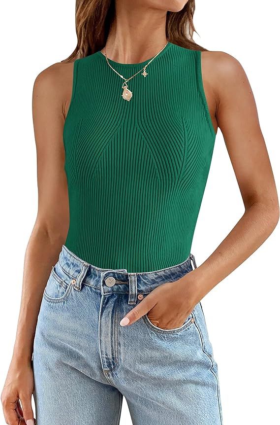 ZESICA Womens Ribbed Tank Tops 2024 Summer Sleeveless High Neck Casual Slim Fitted Basic Knit Shi... | Amazon (US)