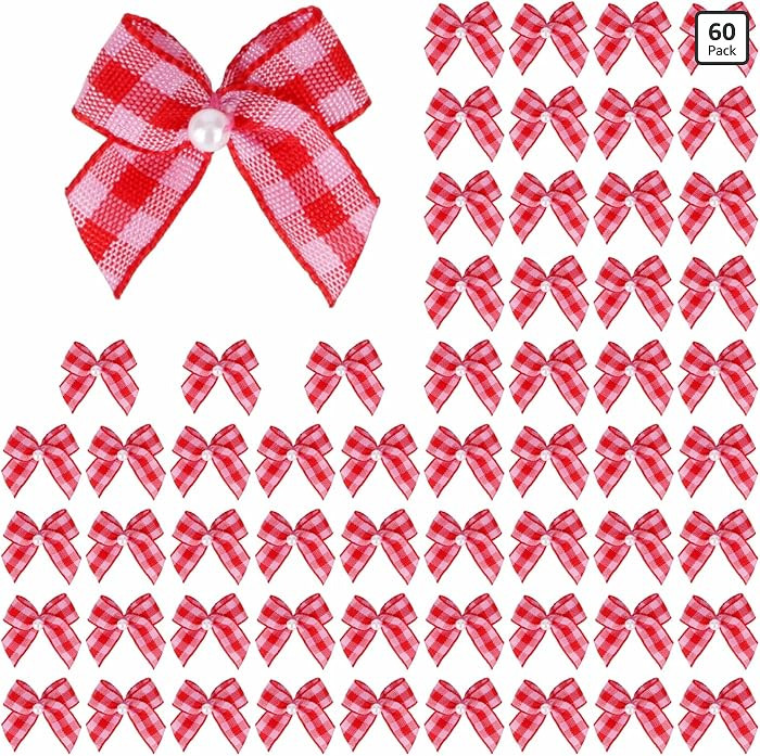 Meseey 60pcs Mini Buffalo Plaid Ribbon Bows with Pearl Red and Hotpink Gingham Ribbon Bows for Se... | Amazon (US)