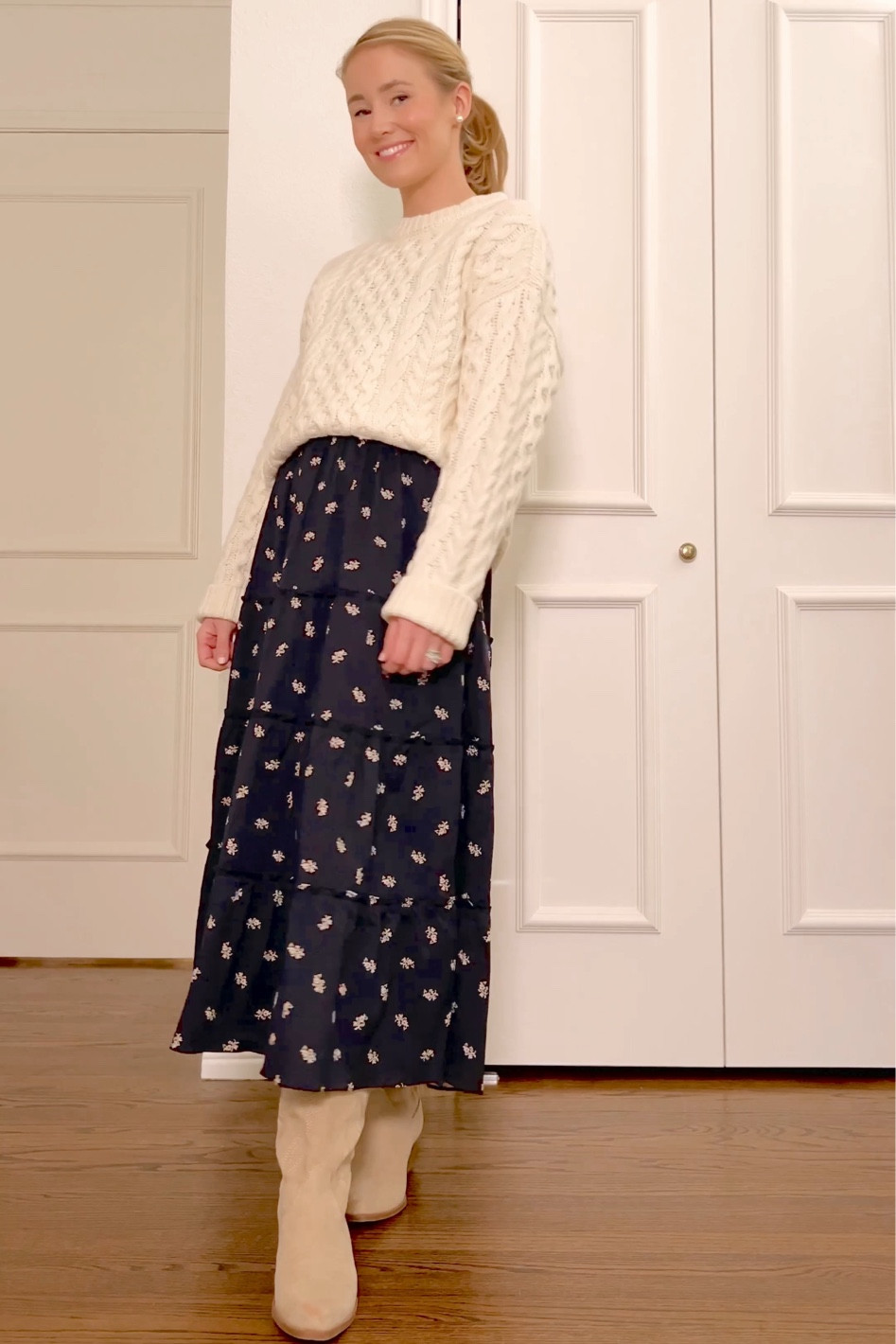 Style tip: add a belt around your nap dress, then tuck the front of your sweater in to it (over and under) for this look!

Order your normal size in the sweater (I’m in an XS) and size down one in the dress (I’m in an XXS) unless you have a larger chest.