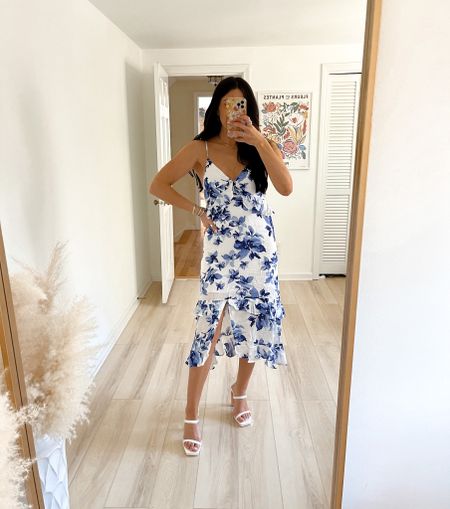Floral wedding guest dress with ruffle detailing— perfect for a summer or spring wedding. TTS wearing a small

#LTKunder100 #LTKFind #LTKwedding