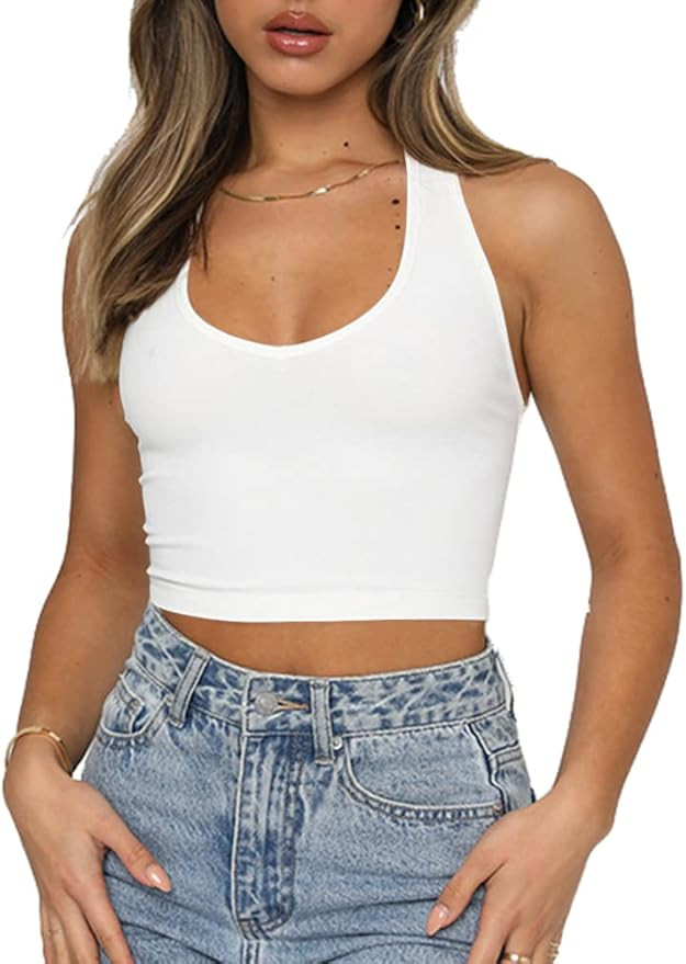 Artfish Women's Sexy Scoop Neck Halter Crop Top Backless Knit Rib Basic Cami Tank Tops | Amazon (US)