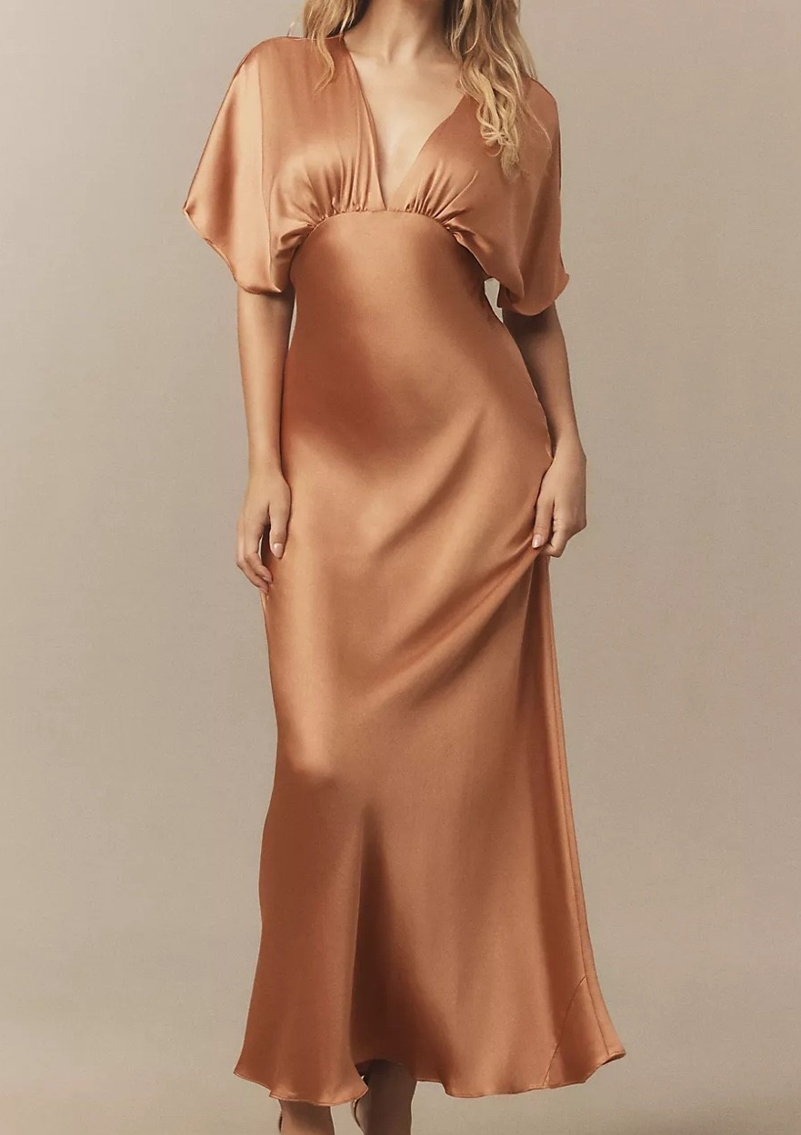 Fall wedding guest / bridesmaid dress inspo - BHLDN Amelia Deep-V Flutter-Sleeve Satin A-Line Gown

#LTKautumn #LTKWedding #LTKSeasonal