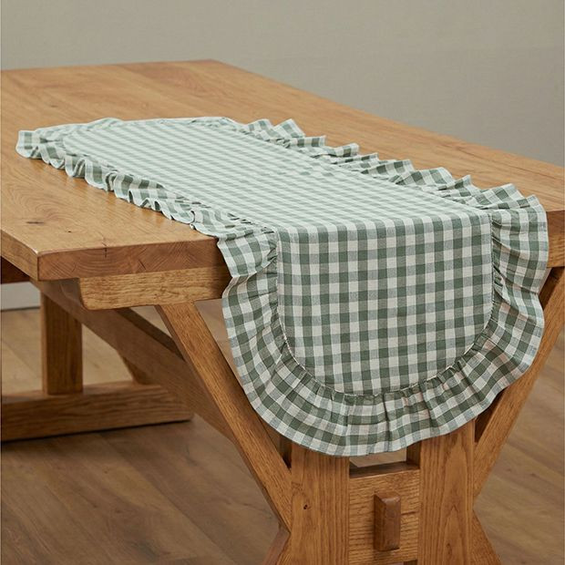 Gingham Green Ruffled Table Runner | Antique Farm House
