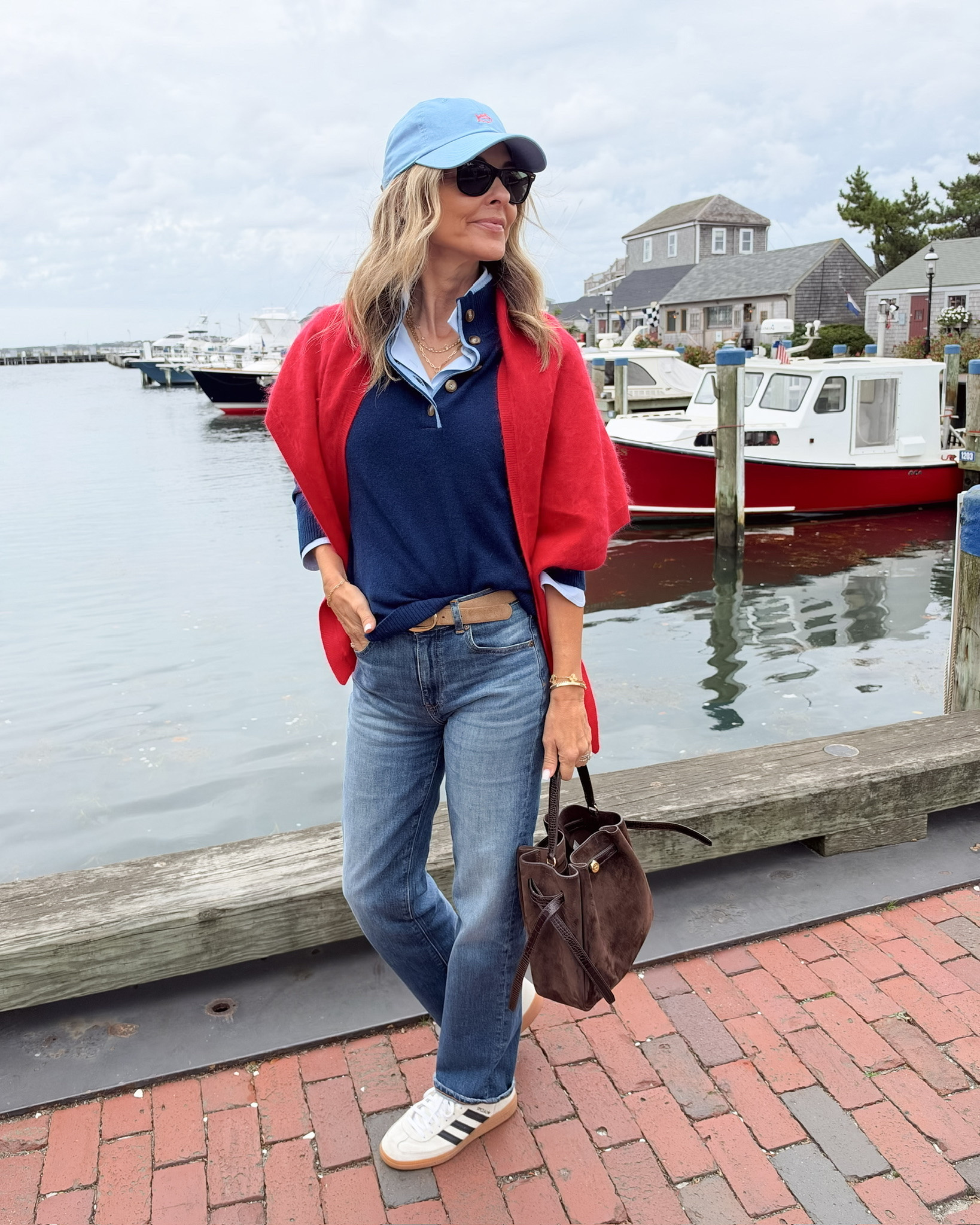 I’m 5’6
Jeans TTS
Navy sweater XS
baby blue button up XS
black and white stripe tennis shoes TTS

Effortless midlife style, comfortable outfit ideas, and timeless pieces you’ll wear on repeat.