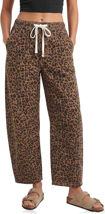 Cicy Bell Womens Leopard Barrel Jeans High Waisted Drawstring Denim Pants | Amazon (US)