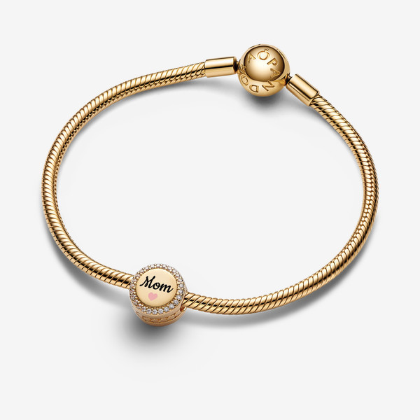 Pandora Engravable Mom Charm - 14k Gold-plated unique metal blend / Cubic Zirconia / Clear | Pandora US
