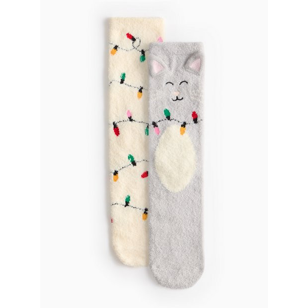 Buy Christmas Lights & Cat Printed Cosy Socks 2 Pack 4-8 | Socks | Tu | Tu Clothing