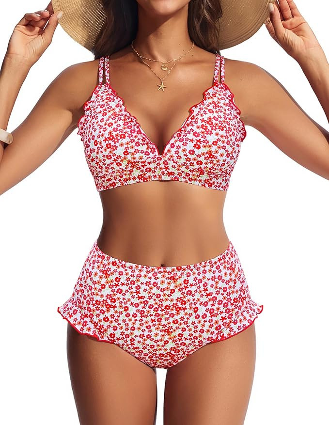 Hanna Nikole Women High Waisted Bikini Sets Ruffle, 2 Piece Swim Suits 2026, Sexy Retro Bathing S... | Amazon (US)
