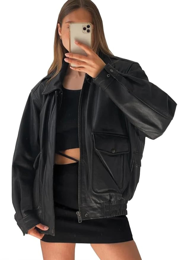Women’s Vintage 90S Genuine Leather Oversize Retro style Bomber Jacket | Amazon (US)
