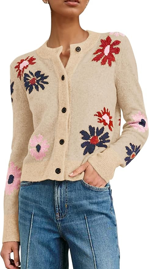 MISSACTIVER Womens Floral Print Cardigan Sweaters Button Down Crew Neck Long Sleeve Knit Crop Swe... | Amazon (US)
