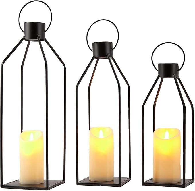 Modern Farmhouse Lantern Decor,22''19''16'' Tall Set of 3 Black Metal Lanterns,3 LED Flickering F... | Amazon (US)